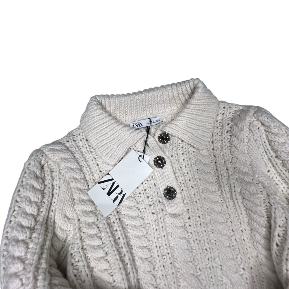 Zara Cream Crew Neck Cable Knit Sweater - Picture 4 of 5